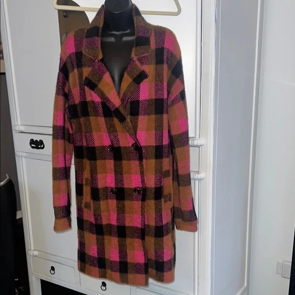 NVLT Pink and Brown plaid double breasted warm plush coat - Picture 1 of 7